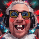a man wearing glasses and headphones is making a funny face with his mouth open