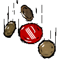 a group of coins falling from the sky with a red circle in the middle .