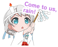 a cute anime girl is holding a sign that says `` come to us , rain ! ''