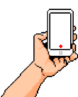 a pixel art illustration of a hand holding a smart phone