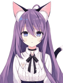 a girl with long purple hair has a cat ear