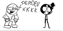 a black and white drawing of two stick figures standing next to each other with the words perdeu kkk written above them .