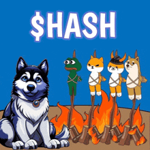 a cartoon of a husky sitting next to a fire with the word hash on it