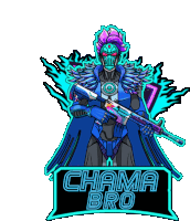 a logo that says chama bro with a robot holding a gun