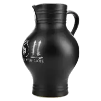 a black pitcher with the words " deal with care " on it