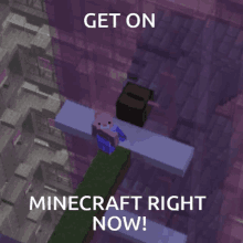 an advertisement for minecraft that says " get on minecraft right now ! "