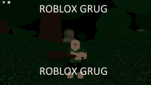 a roblox character holding a large wooden stick in a dark forest