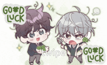 a cartoon drawing of a boy holding a shovel and another boy holding a clover says good luck