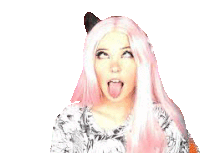 a woman with pink hair is sticking her tongue out and making a funny face .