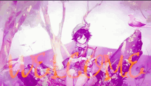 a purple painting of a boy sitting on a rock with a bird sitting on it and the word purple written in red