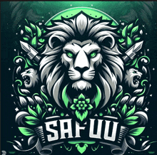 a lion with green eyes is surrounded by leaves and the name safuu