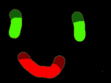 a cartoon face with green eyes and red lips