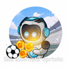 a robot with headphones is holding a soccer ball with the words link alternatif dprtoto below it
