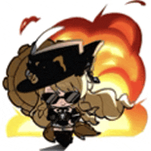 a cartoon of a girl wearing a hat and sunglasses standing in front of a fire explosion .