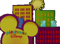 a playhouse disney logo with buildings and animals