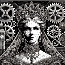 a black and white drawing of a woman with gears and a big ben in the background