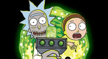 rick and morty from rick and morty are holding a gun