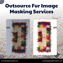 an advertisement for outsource fur image masking services shows a colorful rug before and after