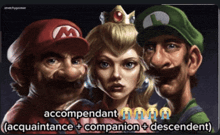 a cartoon of mario luigi and princess peach with accompanying captions acquaintance companion and descendant
