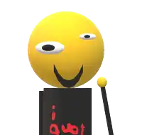 a yellow smiley face is sitting on top of a black object with the word quit written on it