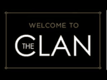 a sign that says welcome to the clan on a black background