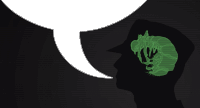 a silhouette of a man with a speech bubble and a green brain