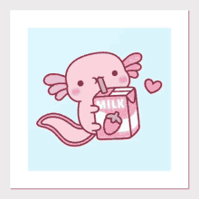 a pink axolotl is drinking strawberry milk through a straw .