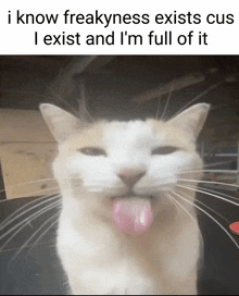 a cat sticking its tongue out with a caption that says i know freakyness exists cus exist