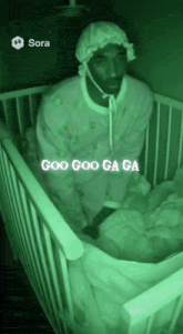 a man in a baby outfit is sitting in a crib with the words goo goo ga ga written on it