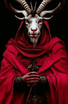 a goat with horns is wearing a red cloak and holding a cane