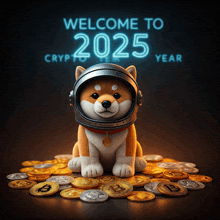 a dog wearing a helmet sits in a pile of coins with the words welcome to 2025 crypto year behind him