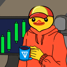 a cartoon of a duck wearing an orange hoodie and holding a cup of coffee