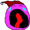 a cartoon drawing of a pink smiley face with a santa hat on .