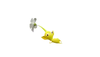 a yellow cartoon character is holding a white flower in its mouth