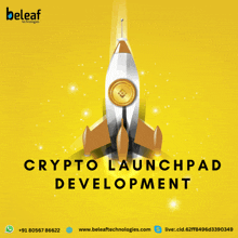 a poster for a company called beleaf technologies shows a rocket with a coin on it