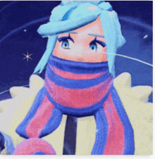 a girl with blue hair wearing a scarf around her neck