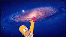 a cartoon of homer simpson reaching for a pink apple in front of a galaxy