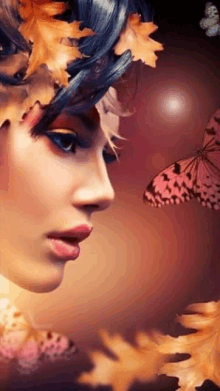 a close up of a woman 's face with a butterfly in the background