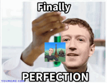 a meme of a man holding a test tube with the words finally perfection below him