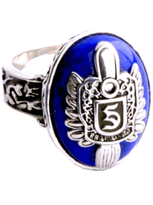 a silver ring with a blue stone and a shield with the letter w on it