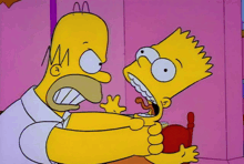 a cartoon of homer simpson holding bart simpson 's arm
