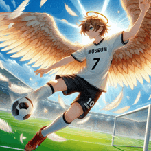 a soccer player with angel wings is wearing a museum 7 jersey