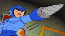 a cartoon character in a blue suit is holding a drill in his hand .