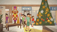 a group of people are walking in front of a store that says entrance