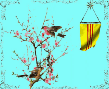 two birds sitting on a tree branch with flowers and the year 2019 on the bottom