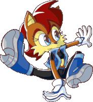 a cartoon drawing of sally the hedgehog wearing a blue jacket and pants