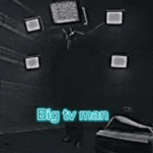 a black and white photo of a man surrounded by televisions with the words big tv man written on the bottom .