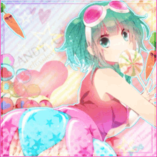 a girl with green hair is holding a lollipop with the word candy on the bottom
