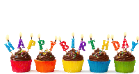 a row of colorful cupcakes with happy birthday candles