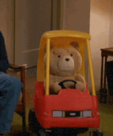a teddy bear is sitting in a red toy car with a yellow top